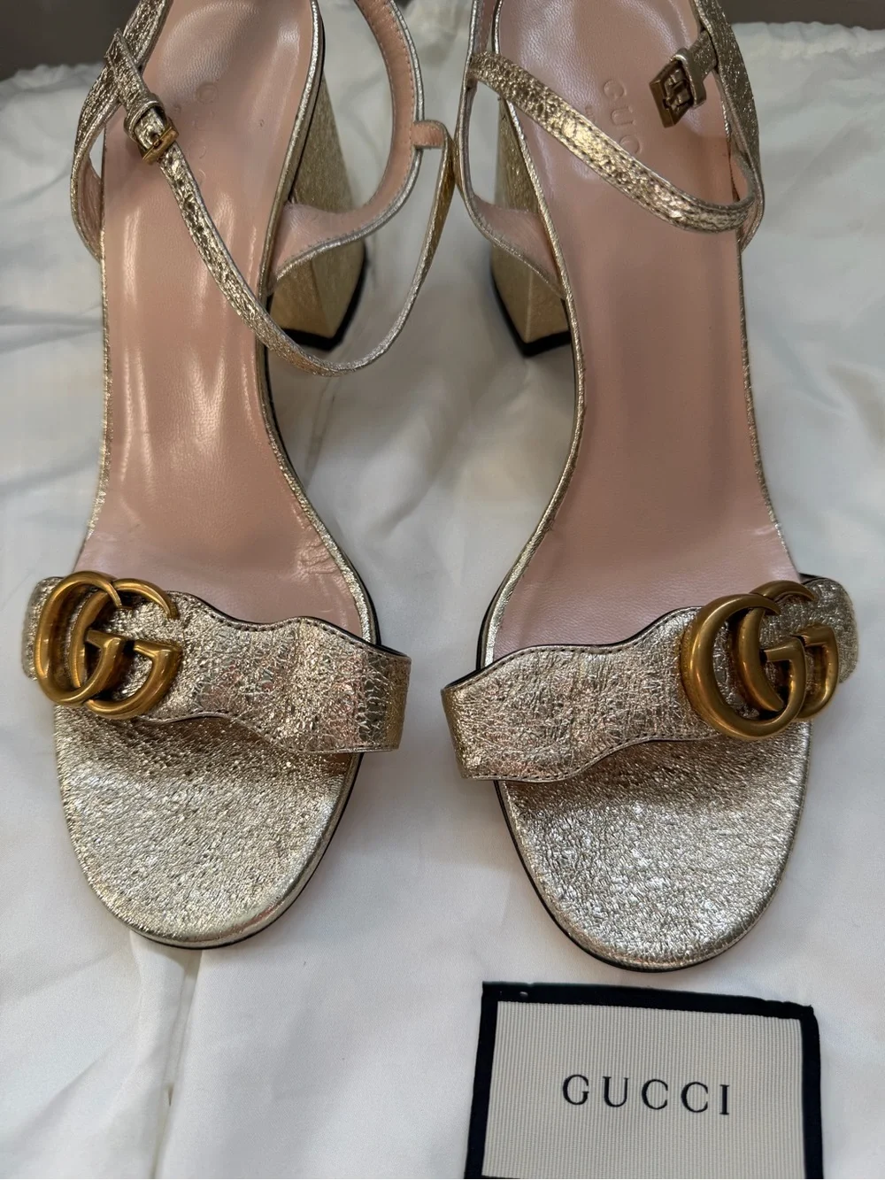 Gucci Gold Glitter Block Heel Sandals